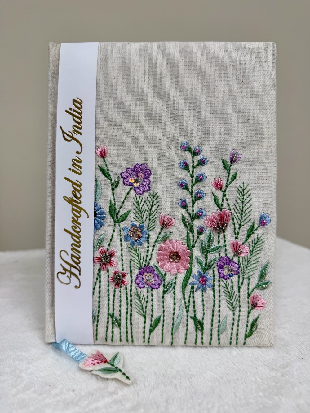 Hand-Embroidered Floral Linen Journal